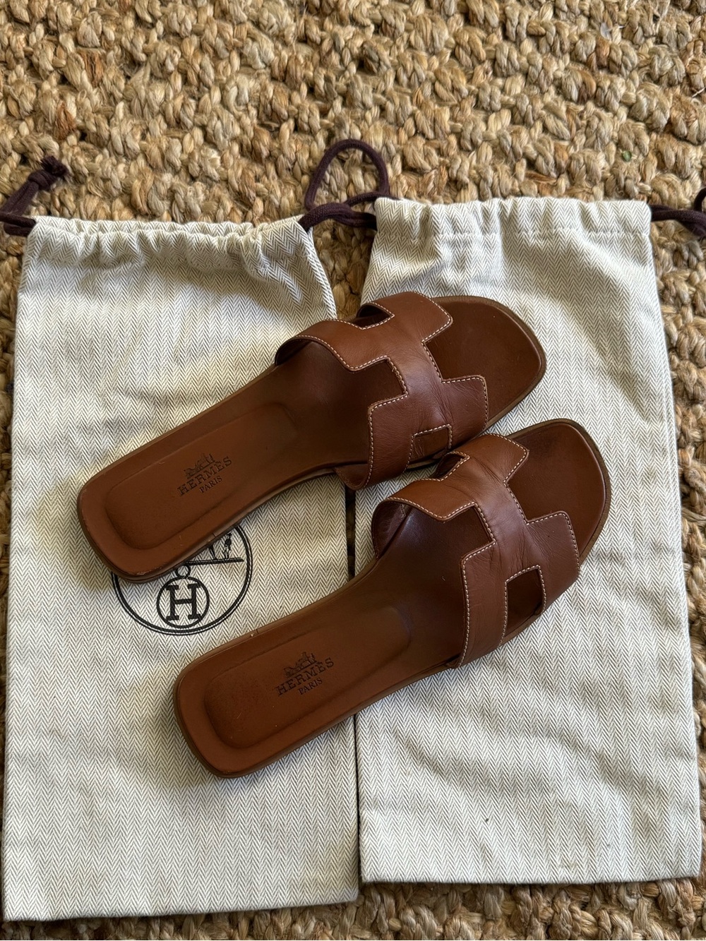 Hermes Brown leather Oran slide sandals